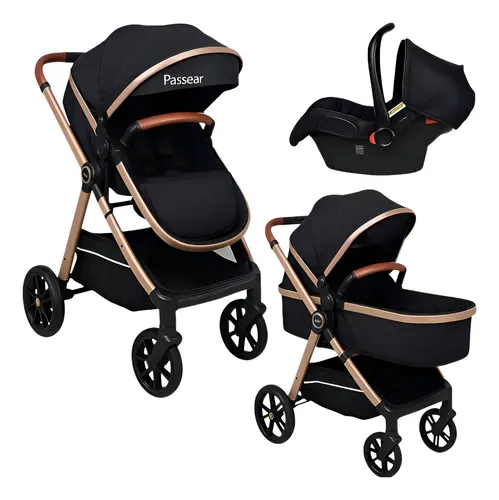 Carrinho de Bebê Passear Baby Apolo Preto Dourado 6 em 1 Assento  Reversível