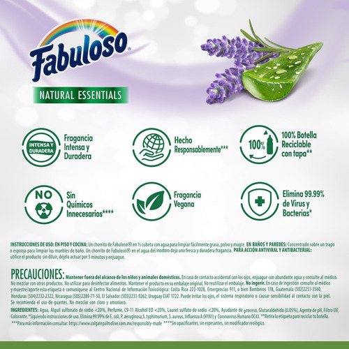 Imagen 3 de 3 de Limpiador Líquido Fabuloso Natural Essentials Lavanda 828 Ml