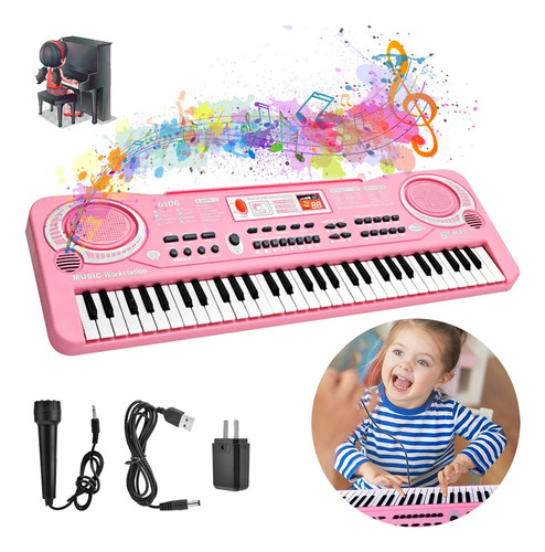 Teclas Piano Digital Con Micrófono Para Niños 61 Teclas Rosa