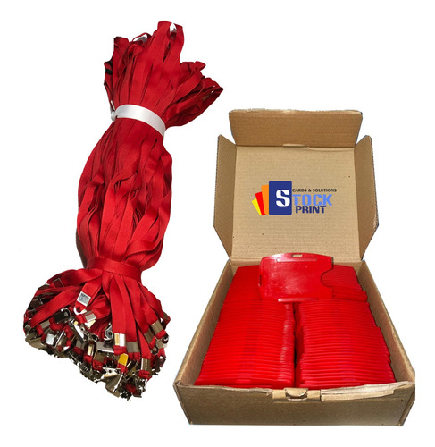 Imagem 1 de 4 de Kit Vermelho 10 Cordão Lanyard E 10 Porta Crachá Rígido