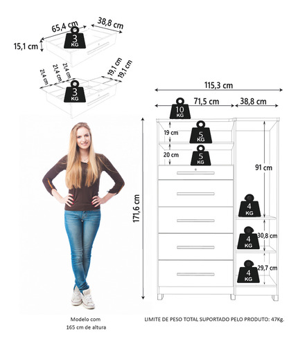 Cômoda Sapateira E Cabideiro Multiuso 5 Gavetas Imperial Cor Madeir/off
