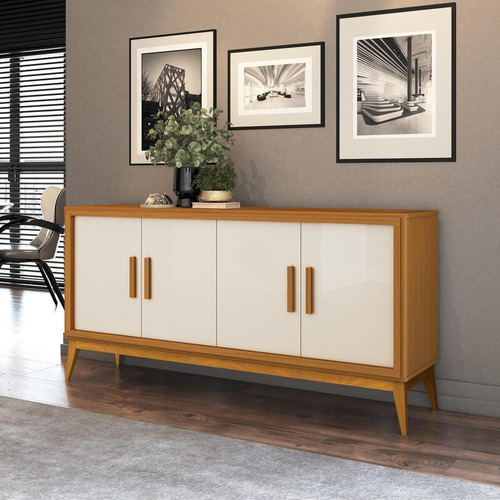 Buffet Aparador 4 Portas Pés Madeira Maciça Istambul 160cm Cor Cedro/Off White