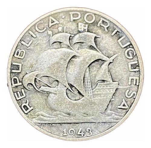Moneda 2.5 Escudos Portugal 1943 Plata 0.650 Km 580 Barco