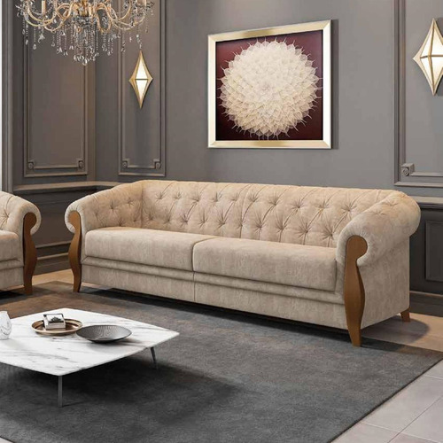 Sofá 3 Lug 2,4 Living Chesterfield Linho Bege Madeira Adhara Desenho Do Tecido Liso