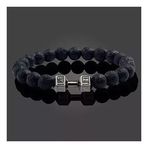 L Pulseira Com Halteres De Pedra De Lava Vulcânica Preta