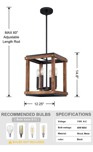 Lámpara De Araña De Madera De Cerezo Con 4 Luces Ajustables