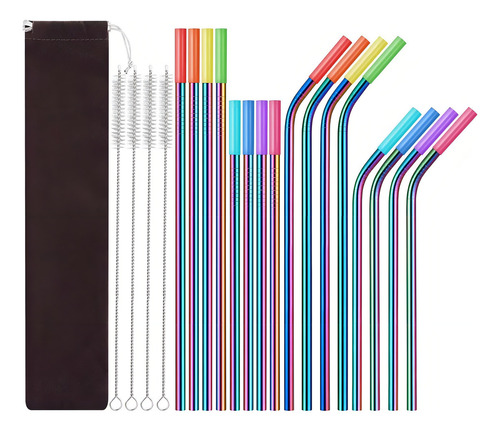 37pz Popotes Pajitas De Metal De Acero Inoxidable Y Cepillos Color Tornasol