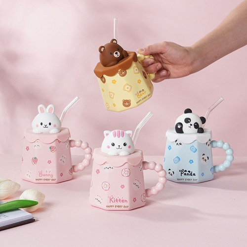 Taza De Cerámica 360 Ml Diseño Animal Con Tapa Y Popote,