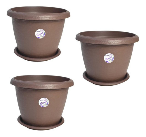 3 Vasos Siena Redondo 25cm Com Pratos Para Flores E Plantas Cor Marrom