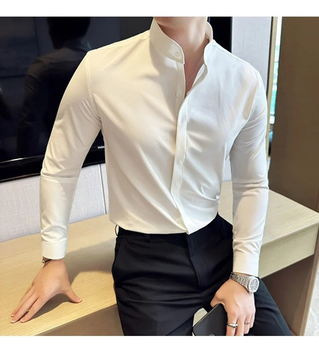 Camisa De Cuello Alto Slim Tapeta Invisible Minimalista Moda