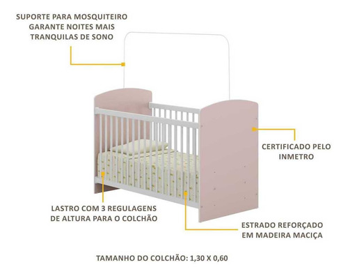 Berço Infantil Multimóveis 0515 Rosa/br P/colchão 130cmx60cm