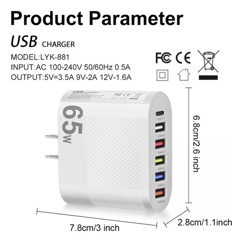 Cargador Usb 65 W Carga Rápida 5 Usb A + 1 Usb C