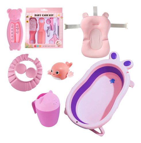 Bañera Plegable Rosa-morado + Accesorios De Baño Para Bebe