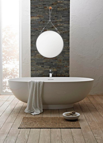 Espejo Circular Redondo Paleta Con Madera Y Cuero. 50 Cm