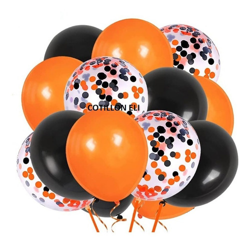 Set Globos Halloween Naranja Negro Confetti Decoracion