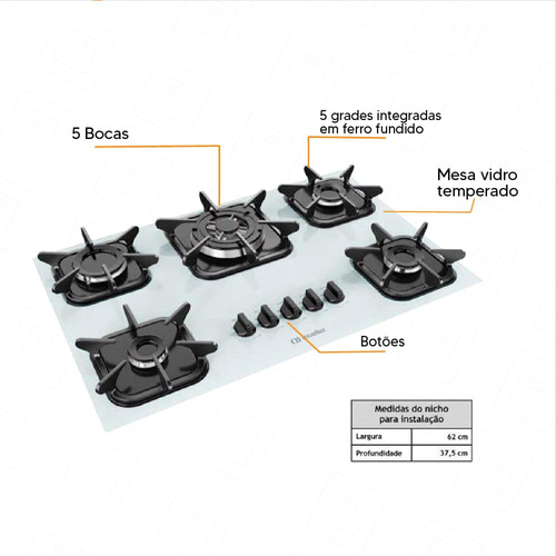 Fogão Cooktop 5 Bocas Mueller Tripla Chama Gás Branco 127/220V