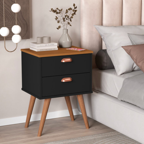 Mesa De Cabeceira Janus Com Pé Palito E 2 Gavetas Estilo Retrô Para Quarto Canto Ou Lateral De Cama