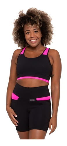 Top Basic Neon Fitnez® - Cor Preto Com Rosa