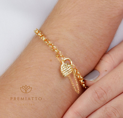 Pulseira Feminina Portuguesa Com Fecho Coração Ouro 18k 750