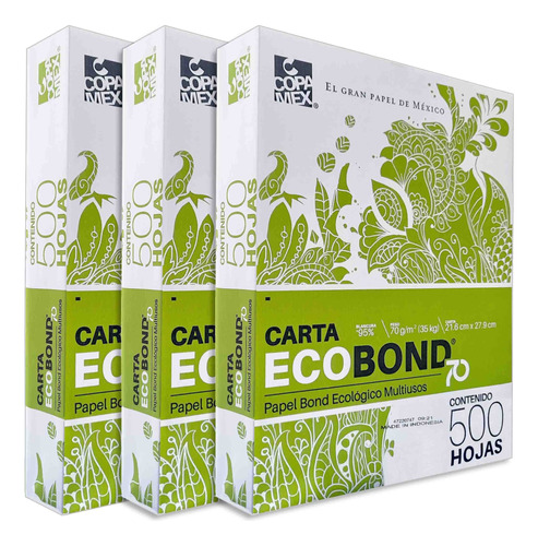 Papel Ecobond Blanco Carta - 3 Paquetes Con 500 Hojas C/u