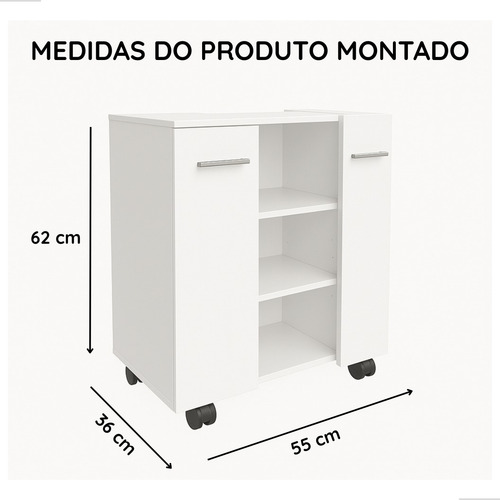 Gabinete Para Banheiro Premium 2 Portas Prateleiras Organizador 62cmx55cmx36cm Branco Com Rodizio Jm3 Moveis