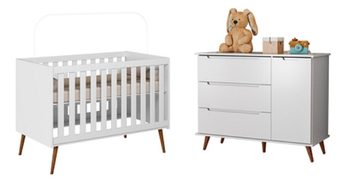 Quarto Bebe Retrô 100% Mdf- Lunna Berço + Gaveteiro - Branco