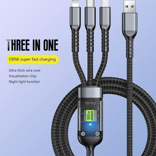 Microcargador Usb A Tipo C De Carga Rápida 3 En 1 De 100 W,