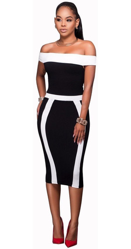 Imagen 1 de 7 de Vestido Fashion Estilo Fourreau Cuello Bandeja Negro/blanco