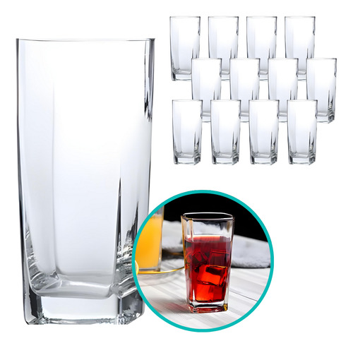 Jogo 12 Copo De Vidro Quadrado Drink Fundo Grosso Agua 280ml