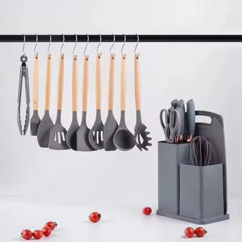 Set De Utensilios X19 Cocina Mango De Madera Puntasiliconado Color Gris
