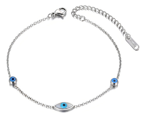 Tobillera griega con forma de ojo azul para mujer, acero inoxidable, plata, 19 cm de longitud, color plateado
