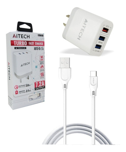 Cargador De Pared Aitech Con Cable Tipo C 3 Usb 7.2a