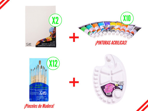 Juego Pinceles + Pinturas Acrílicas + Paleta + Lienzos X2