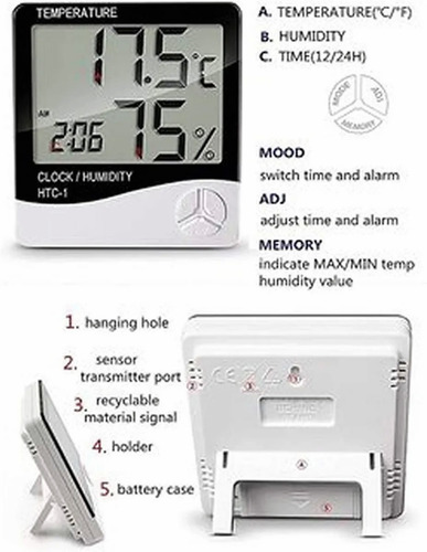 Imagen 6 de 6 de Termómetro Higrómetro Digital Htc-2 Sonda Reloj Alarma