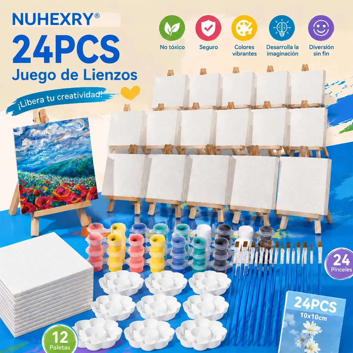 NUHEXRY Kit de 24 lienzos pintar con 12 suministros, incluye soportes, pinceles, pigmentos y paletas, ideal para arte infantil y fiestas,Actividades Festiva