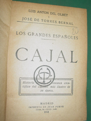 Libro Cajal Luis Anton Del Olmet Jose De Torres Bernal 1918