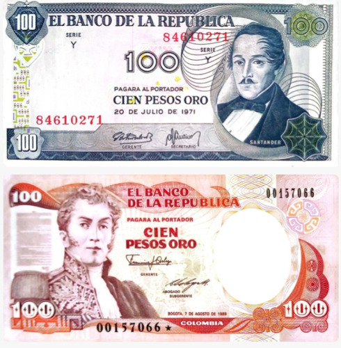 Dupla 2 Billetes Antiguos 100 Pesos Oro Colección Colombia