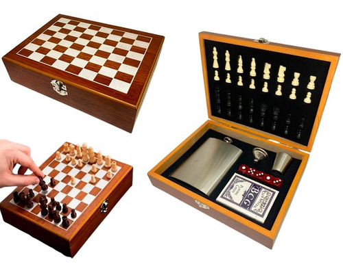 Set Ajedrez Madera + Wiskera 8oz + Copa + Cartas + Dados 