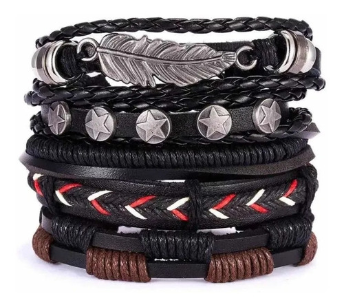 Pulsera Brazalete Hombre Cuero Elegante Pluma Hoja Trenzado