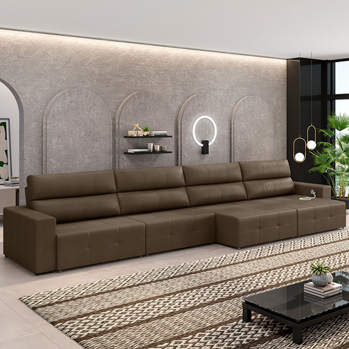 Sofá Retrátil 444cm 4 Módulos Nero Com Usb Couro Cappuccino