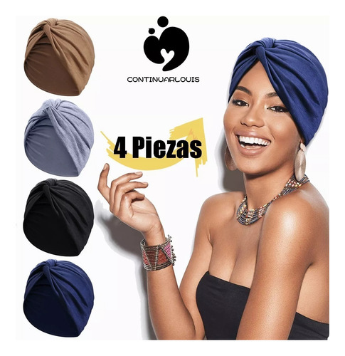 4 Turbantes Gorros Dama Mujer Oncológicos Quimio Alopecia Negro Y Azul Marino Y Gris Y Caqui