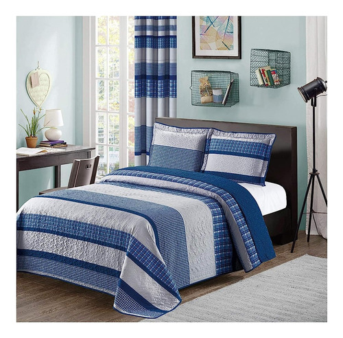 All American Collection Blue And Gray Modern Plaid 3-piece Q