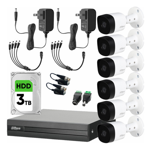 Dahua Kit de Video Vigilancia 6 Cámaras 2 Mp Metalicas Disco Duro de 3 TB + Transceptores Kit CCTV con Busqueda Inteligente de Alta Resolución