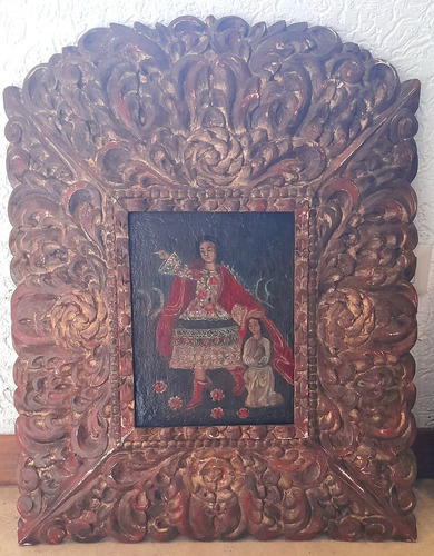 Retablo Colonial Religioso Con Marco De Madera Labrada.