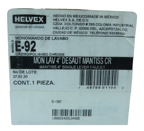 Llave Monomando Lavabo Helvex Acabado Cromo