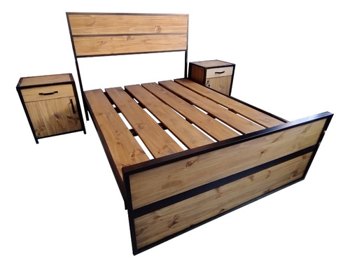 Cama Cubo Matrimonial Industrial Madera + 2 Mesas De Luz