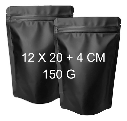 100 Bolsas De Pie Hermética Zipper Negro Mate 150 G