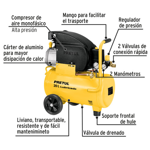 Kit Compresor de aire eléctrico portátil Pretul COMP-KIT20P3 monofásico 20L 1.5hp 127V 60Hz amarillo + manguera + pistola de gravedad