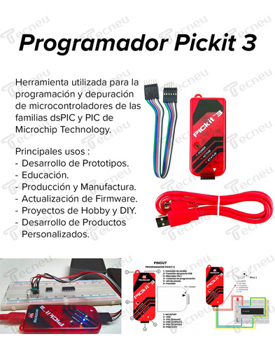 Tecneu Programador Pickit 3 Cable Usb Microcontroladores Dspic Pic Microchip