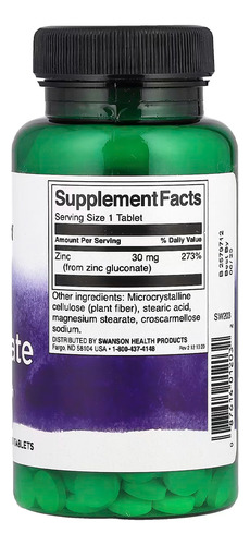 Gluconato De Zinco 30mg Swanson 250 Tablets Importado